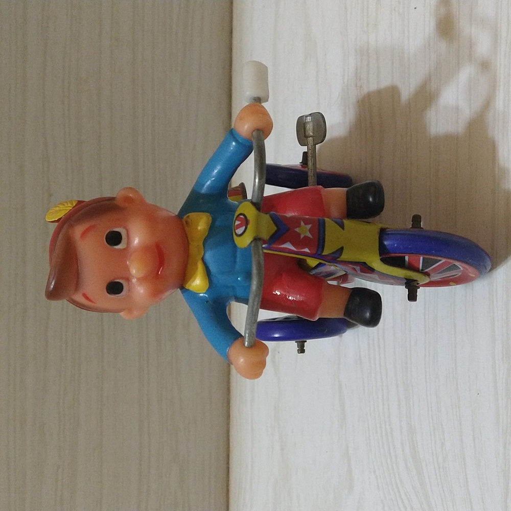 Vintage Tin Litho Wind Up Toy, Boy on Tricycle w/ Bell